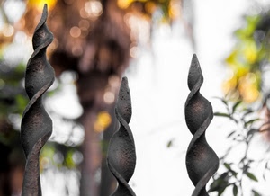 punte, tre, sfocato, ferro, spirali, spirale, cancello, foglie