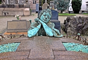 statua, cimitero, tombe, croce, tomba, verde, fiori, donna, tavolo