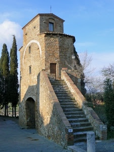 scala, chiesa, torre, scale, gradini, cipressi, alberi, finestra, pietra