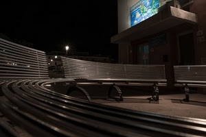 panchine, ferro, notturno, lampioni, insegna, metallo, notte, curve, panchina, lampione