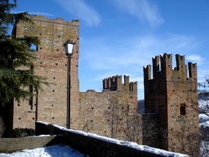merli, castello, lampione, torri, neve, torre, inverno, cielo
