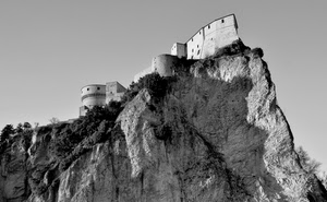 castello, roccia, bianconero, rocca, alberi, fortezza, torre, cespugli, torri