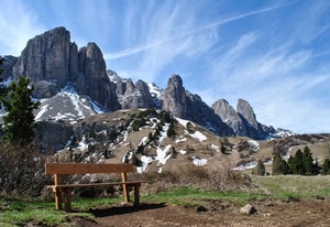panchina, panorama, montagna, montagne, neve, cielo, nuvole, prato, paesaggio, dolomiti
