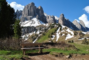 panchina, neve, montagne, alberi, panorama, dolomiti, montagna, prato
