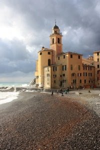 spiaggia, mare, nuvole, chiesa, campanile, camogli, onde