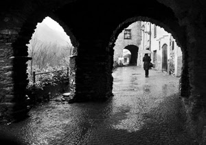 pioggia, bianconero, ombrello, archi, portico, donna, vicolo, portici, arco, persona