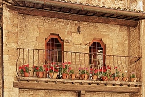 fiori, balcone, finestre, ringhiera, vasi, rosso, tetto, verde, tegole, mattoni, terrazza, gerani, palazzo, grondaia, ferro, lampada, due