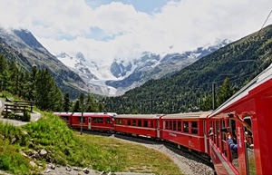 treno, rosso, montagne, montagna, vagoni, neve, alberi, panorama